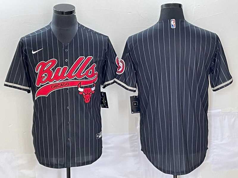 Men%27s Chicago Bulls Blank Black Pinstripe Cool Base Stitched Baseball Jersey